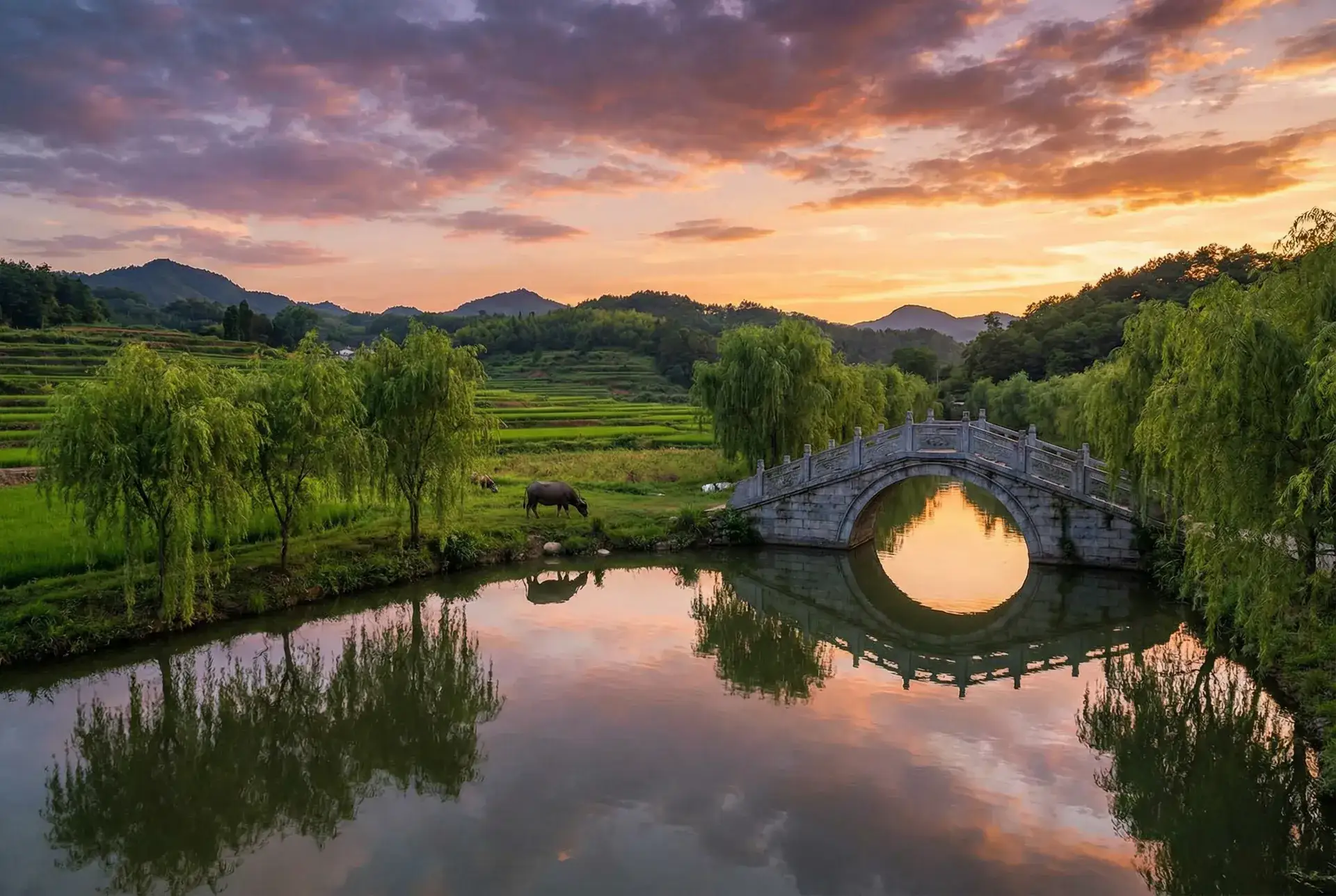 夕阳下的石拱桥与垂柳，水牛在河边吃草 - 地球漫游计划 乡村美景